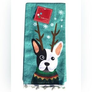 Holiday Frenchie Boston Terrier Dog Kitchen Towel w Pom-Poms, 1 ct
